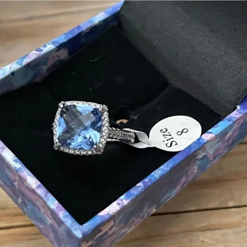 Pave Bezel Cushion Cut Blue Topaz Ring, Rhodium Plated